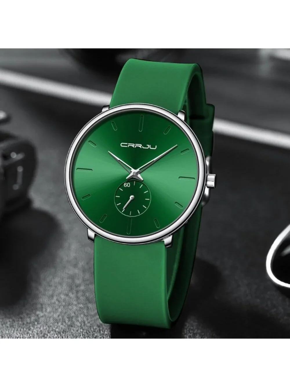 Crrju Men's Green Stylish Waterproof Quartz Unisex Ultra Silicone Band Watch